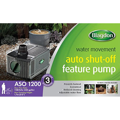 Blagdon Water Feature Pump with Auto Shut Off Sensor Prevents Burnout, Adjustable Flow Control, Reduced Cleaning, 3 Hose Fitting Adaptors, Pumps up to 1200 Litres/Hour, Max Pumping Height 1.7m
