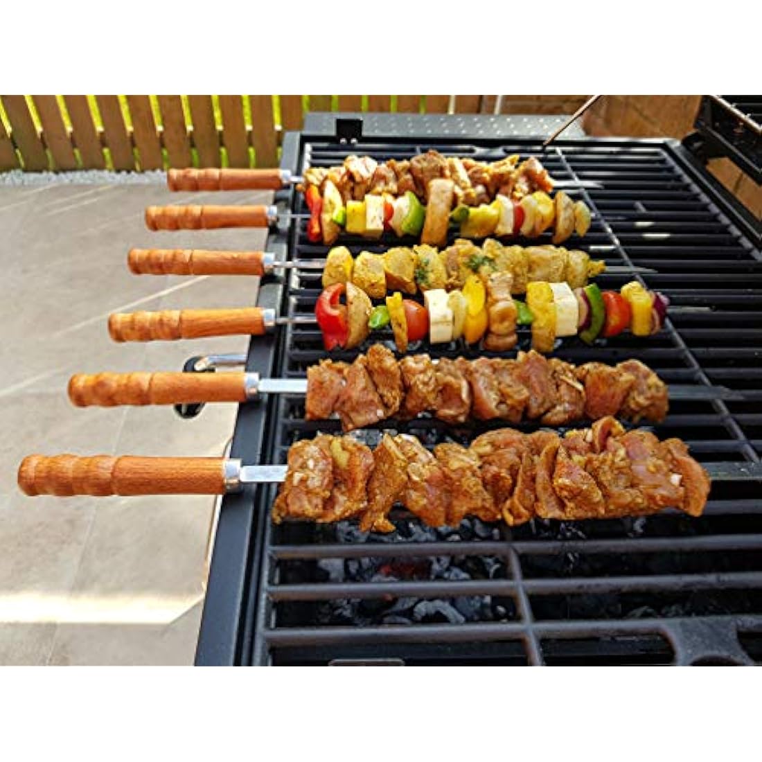 Kebab BBQ Stainless Steel Skewers 6pcs with Wooden Handles. Skewer Length 41cm. Blade Length 30cm Width 1cm Thick 2mm with Storage Pouch