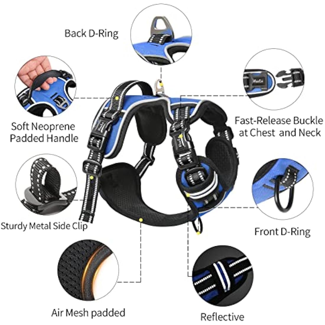 HEELE Dog Harness, No Pull Dog Harness Medium, Release on Neck, Reflective Adjustable Dog Harness with Front Back 2 Leash Attachments and Soft Padded Control Handle for Dogs Walking Training, Blue, M