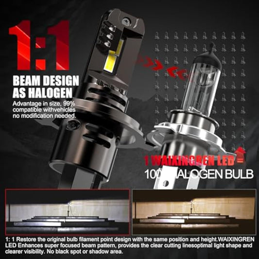 WAIXINGREN H4 Led Headlight Bulbs, 6500K Cool White, 60W 26000LM H4 Headlight Bulbs led with Fan, No Adapter Required, Plug and Play Easy Installation, Pack of 2 (H4/9003/HB2)