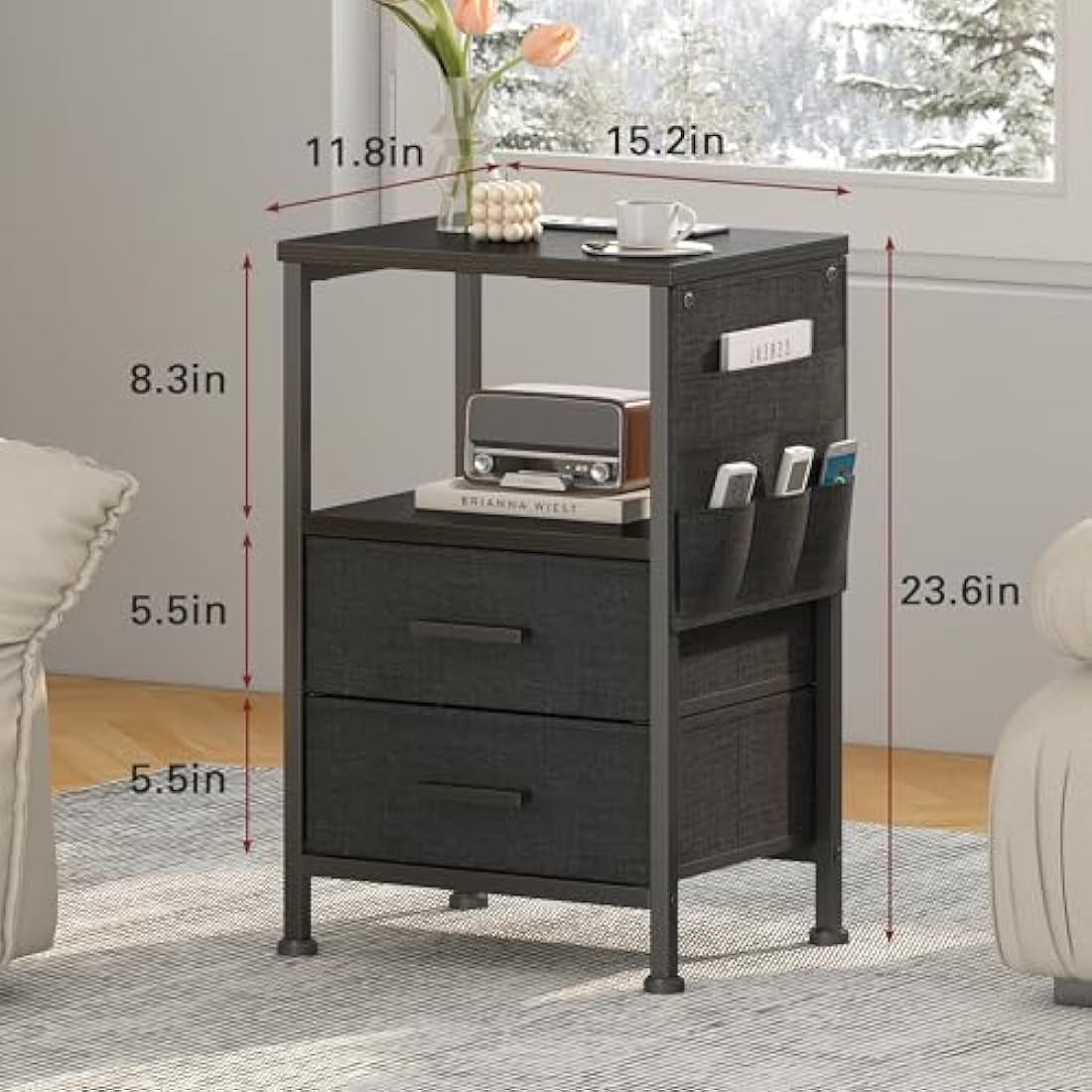 COWISH Bedside Table with Charging Station, 2 Drawers Bedside End Table, Industrial Sofa SideTable, Rolling Nightstand with Storage Shelf and Bag for Living Room, Bedroom, Black