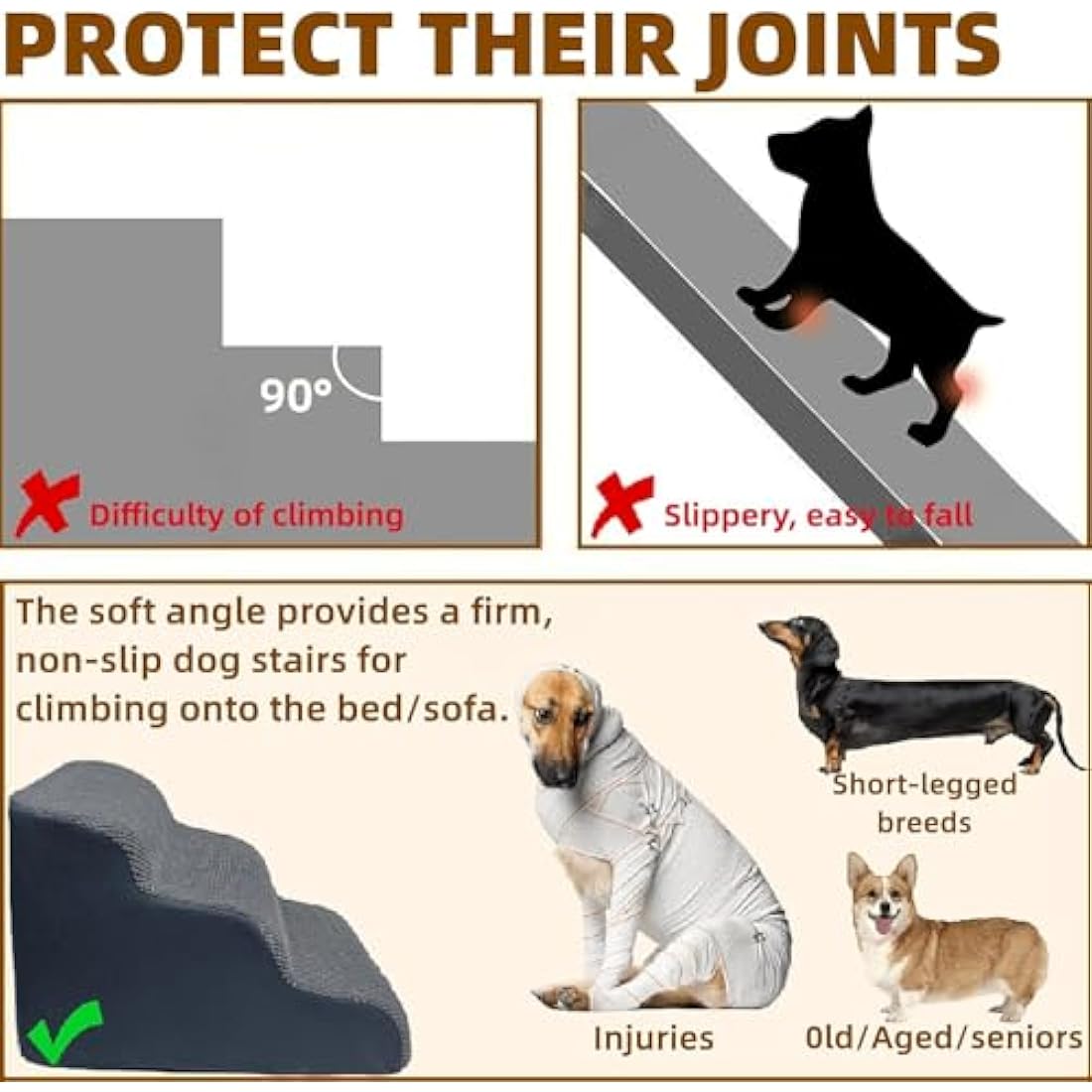 Wide Dog Steps Stairs for Bed 5 Steps 62 cm High for Dogs, Dog Ramp High Density Foam Pet Stairs Washable Cover and Non-Slip Base 40 x 87 x 62 cm