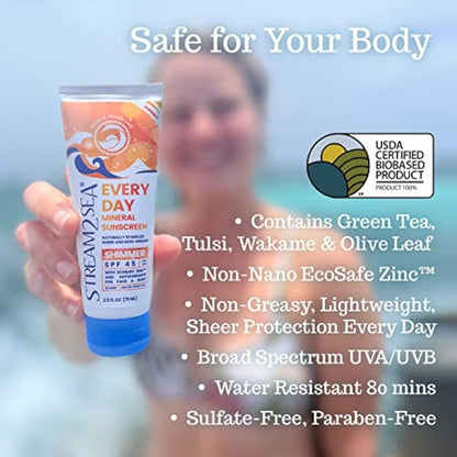 SPF 45 Every Day Shimmer Mineral Sunscreen | 75 ml Biodegradable, Paraben Free & Reef Safe Sunscreen | Non-Greasy, Lightweight & Shimmer Mineral Protection Against UVA & UVB for Face & Body