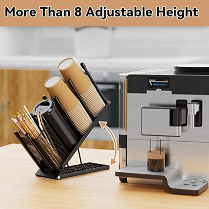 Ovicar Cup and Lid Holder - Adjustable 4 Compartment Disposable Cup Dispenser with Coffee Pod Straw Storage Basket for Bar Countertop Breakroom Metal Black