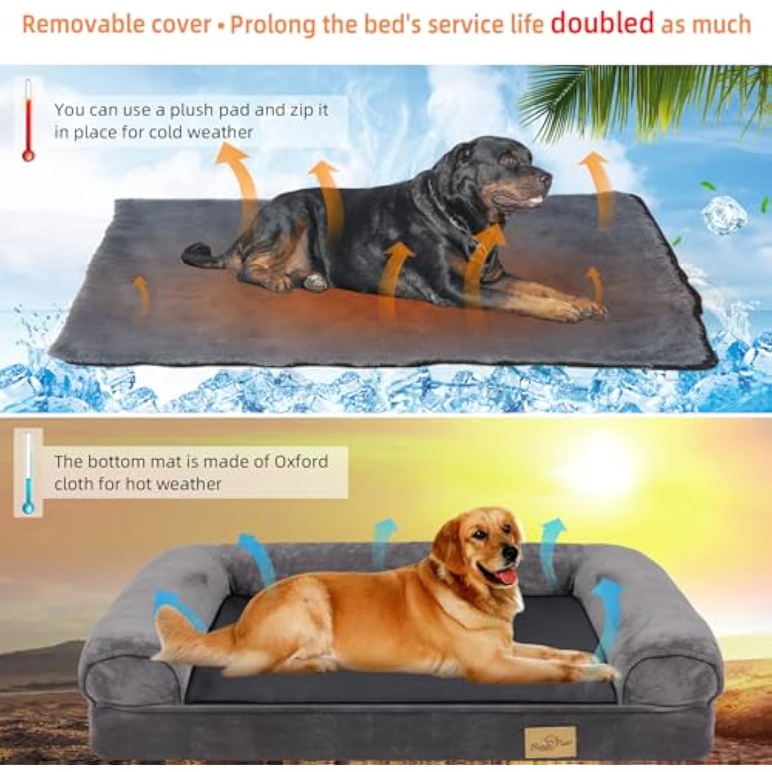 BingoPaw Large Dog Sofa Bed: Memory Foam Orthopedic Pet Mattress Cushion - Waterproof Bolster Dog Couch with Pillow and Washable Cover Grey XL (100x75cm)