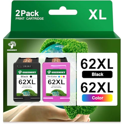 GREENSKY 62XL Ink Cartridges Replacement for HP62 HP 62XL 62 Ink Cartridges Twin Pack for HP Envy 5540 5640 5546 5544 7640 5644 5541 5646 5542 OfficeJet 250 200 5740 5742 (1 Black, 1 Tri-colour)