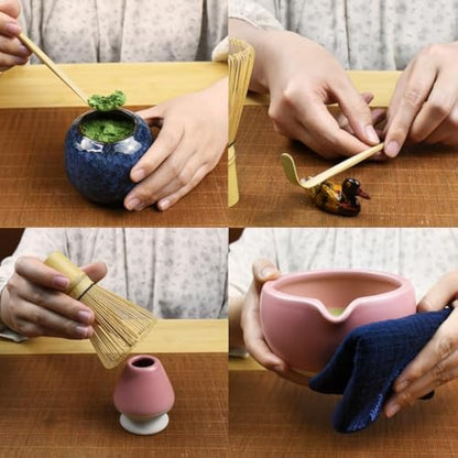 Artcome 7 Pcs Complete Matcha Tea Ceremony Kit - Bowl, Whisk, Scoop, Strainer, Powder, Set for Usucha, Koicha, Latte (Pink)