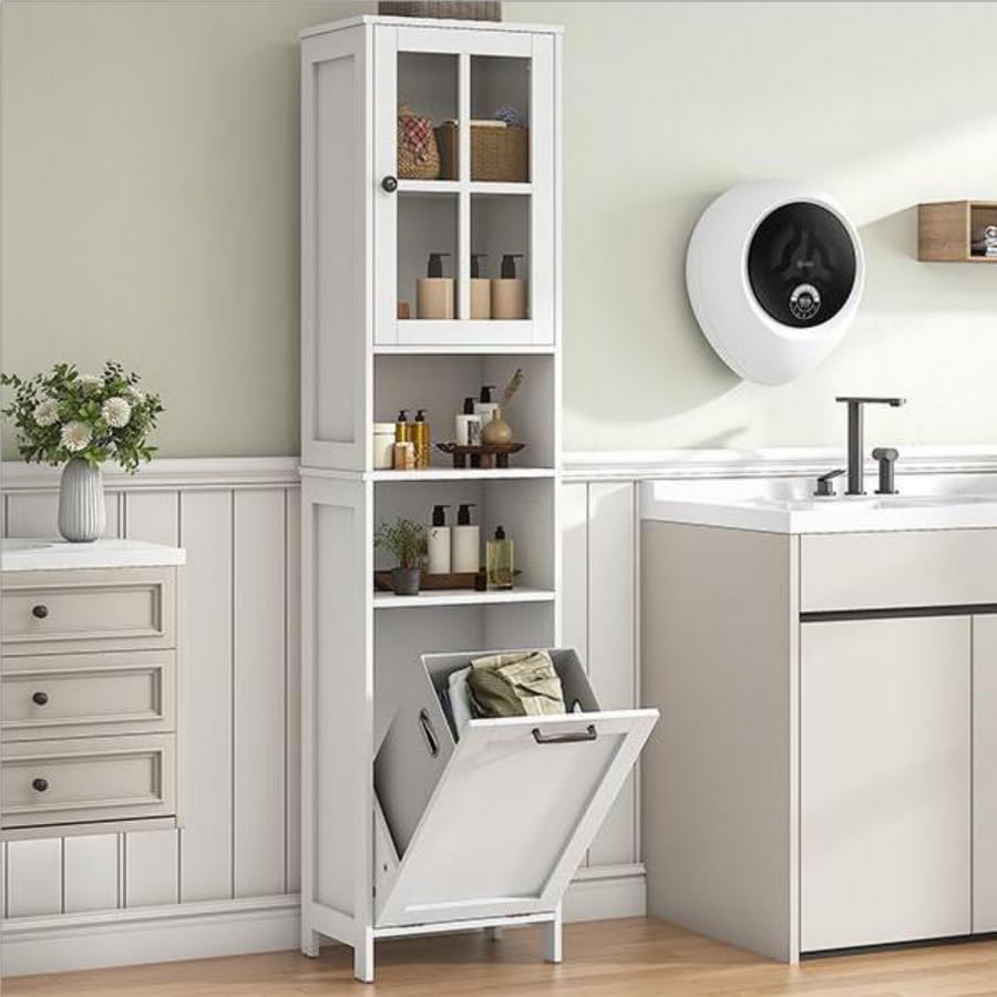 Feonase Tall Bathroom Cabinet with Removable Laundry Basket, Slim Freestanding Storage Organizer with Acrylic Door and 4 Shelves for Bathroom
