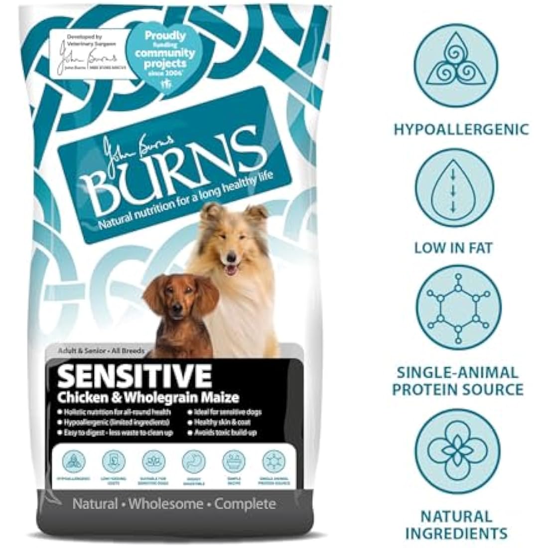 Burns Pet Nutrition Hypoallergenic Complete Dry Dog Food Adult and Senior Dog Sensitive with Chicken 6 kg