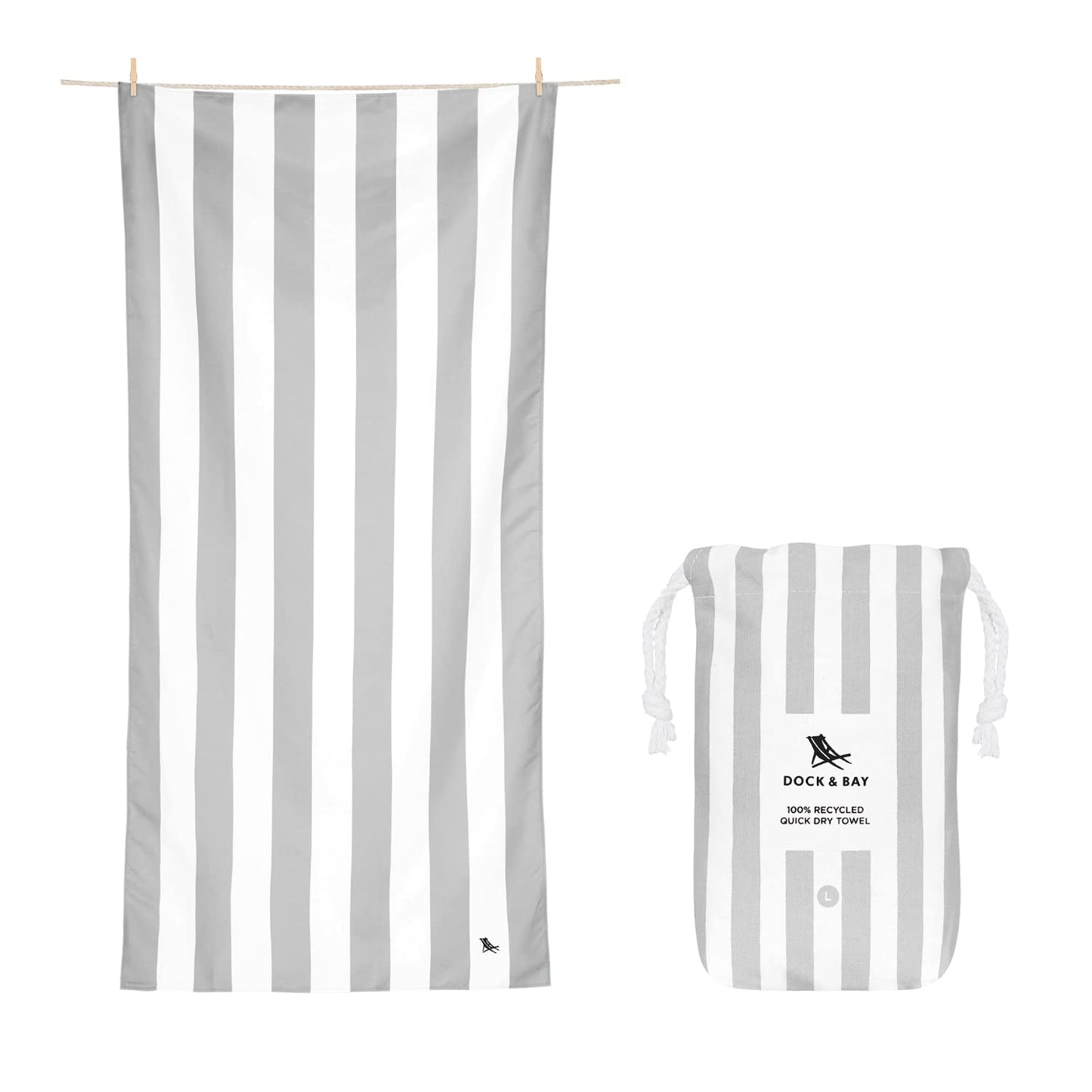 Dock & Bay Beach Towel - Quick Dry, Sand Free - Compact, Lightweight - 100% Recycled - Includes Bag - Cabana Light - Goa Grey - Large (160x90cm,