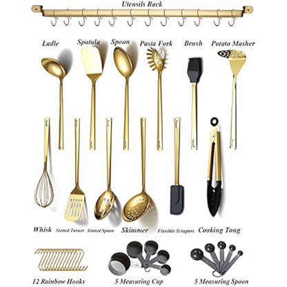 Gold Cooking Utensils Set,Kyraton Stainless Steel 37 Pieces Kitchen Utensils Set with Titanium Gold Plating,Kitchen Gadgets Cookware,Kitchen Tool Set with Utensil Holder. Dishwasher Safe