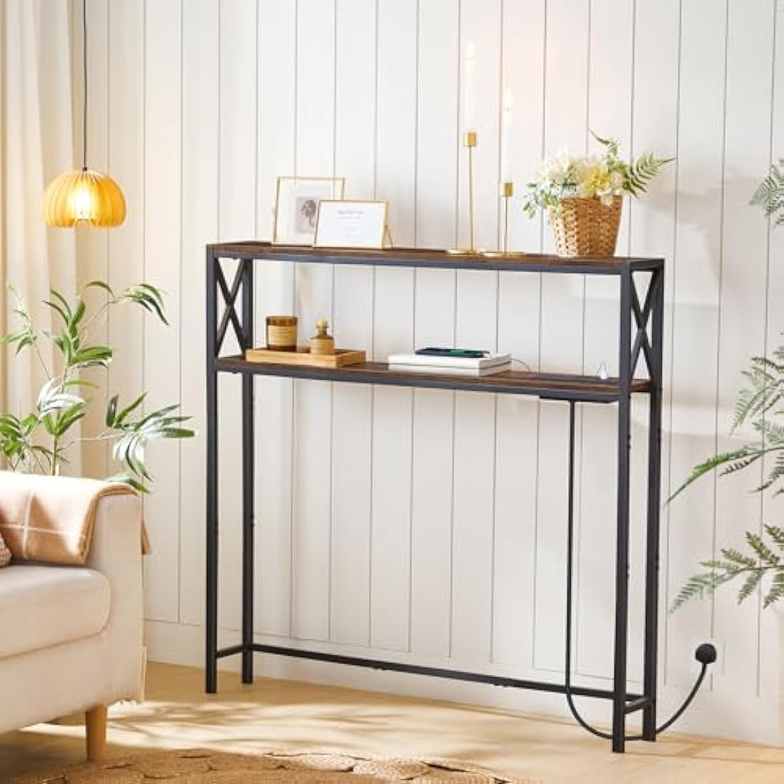 MAHANCRIS Narrow Sofa Table with Charging Station, 100 cm Behind Couch Table, Skinny Console Table with Outlet for Living Room, Rustic Brown and Black ACTHR115KE01N1