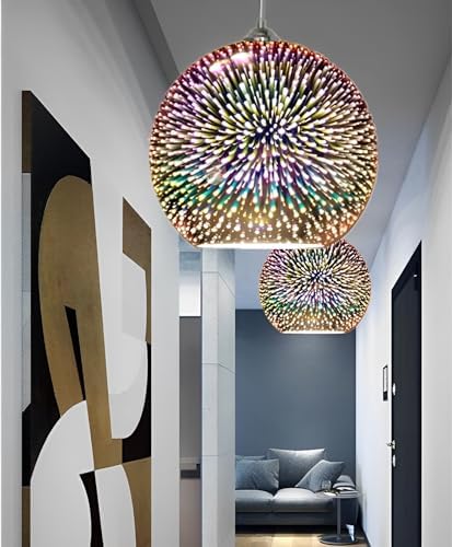 KRUIHAN 3D Firework Light Glass Pendant Light Shade Hanging Ceiling Lights E27 Base Coloured Chandelier for Bedroom,Living Room,Kitchen,25CM(Silver)