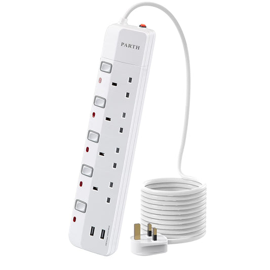 PARTH 3m Extension Lead with USB Slots Surge Protected - 3 Meter Extra Long Cords Extension Cable 4 Way Socket Surge Protection - Wall Mounted UK Plug