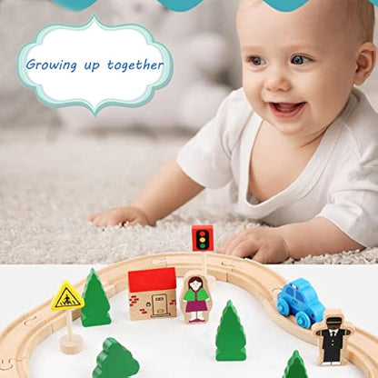 Thomas & Brio Compatible Wooden Train Set - 33 Piece Magnetic Railway with Wooden Rails for 3-6 Year Old Girls & Boys