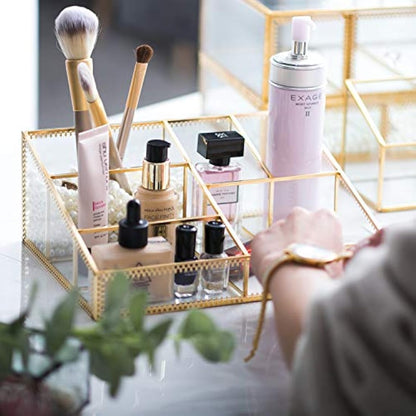 Makeup Organizer Antique Countertop Cosmetic Storage Box Glass Beauty Display, Gold Spin Large Capacity Holder for Brushes Lipsticks Skincare Toner