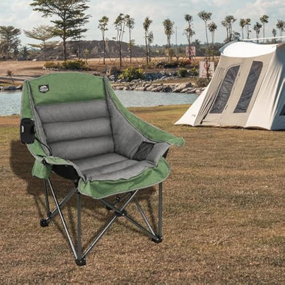 LANMOUNTAIN Oversized XL Folding Camping Chair,Heavy Duty Support 400Lbs,Large Comfy Padded Camp Chair for Adults,Lawn Arm Chair w/Cup Holder,Phone Holder,Carry bag Perfect for Outdoor (Green)