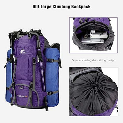 Bseash 60L Waterproof Hiking Camping Backpack with Rain Cover, Lightweight Outdoor Sport Travel Daypack Rucksack for Climbing Skiing