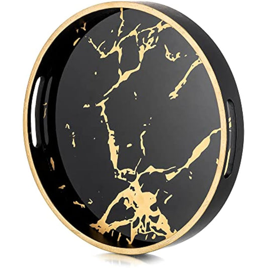 Hanobe Round Decorative Coffee Tray: Marble Pattern Serving Circle Tray with Handles Coffee Table Trays for Living Room Bar Drink Party Home Kitchen, Black