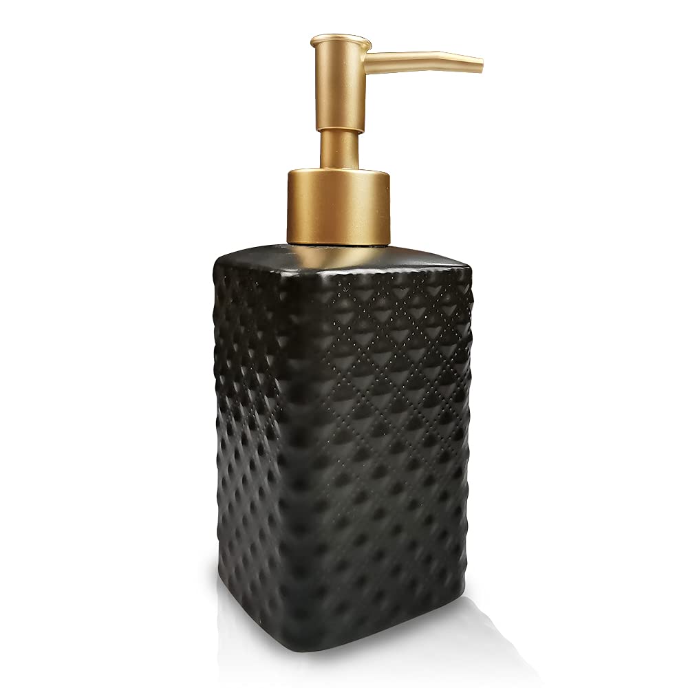 Gold Soap Dispenser, Ceramic Lotion Pump Bottle with Vintage Emboss(Black)