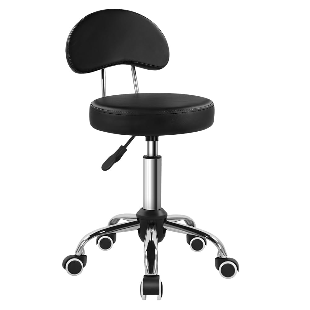 KKTONER Rolling Stool with Mid Back Height Adjustable Chair PU Leather Swivel Chair with Wheels for Office Home Task Drafting (Black)
