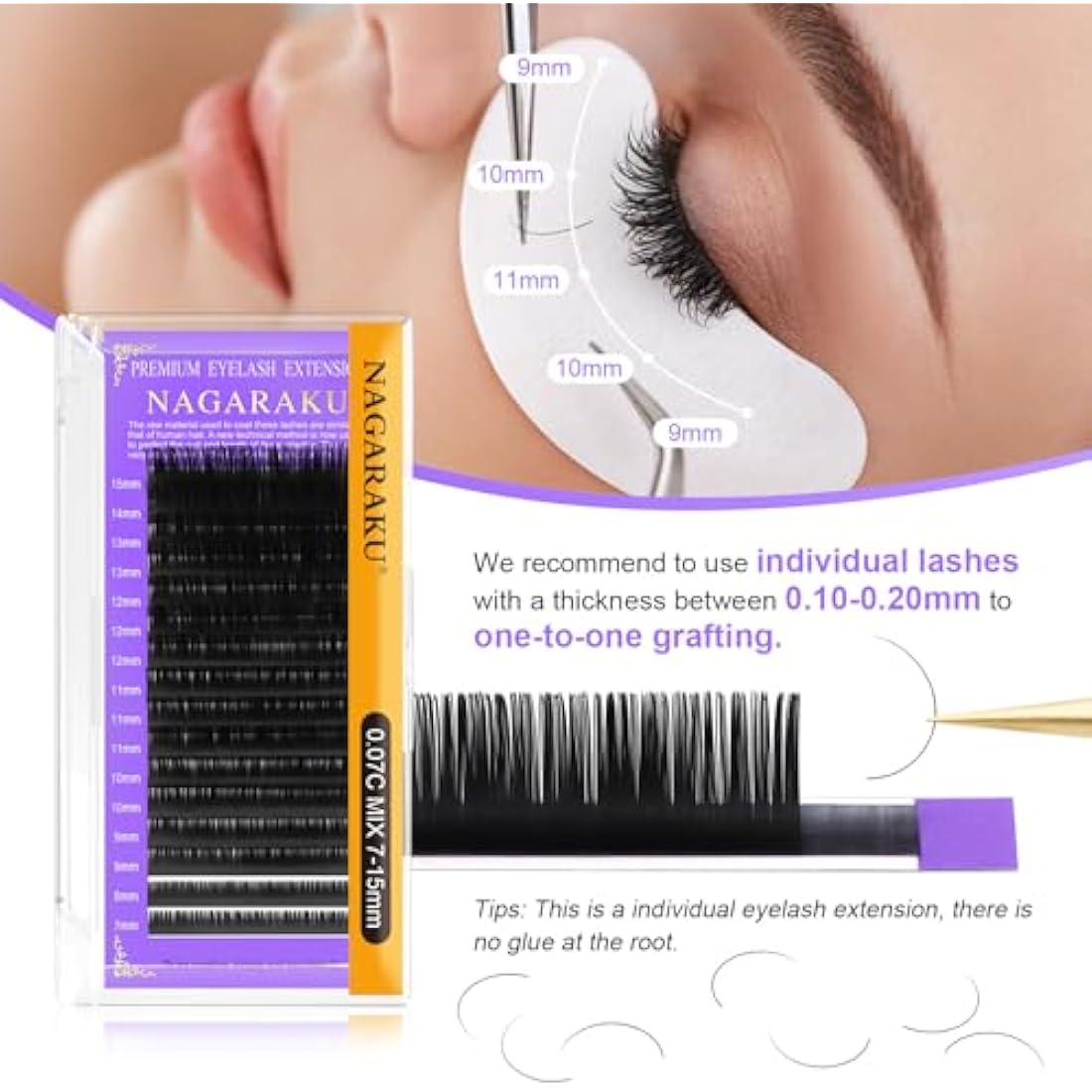 NAGARAKU 5 Trays Eyelash Extensions Supplies Classic 1:1 Lashes Individual Volume Lash Extensions Soft Single Natural Eyelashes Matte Black 16 Rows (0.15mm D Curl 11/12/13/14/15mm in 1 Pack)