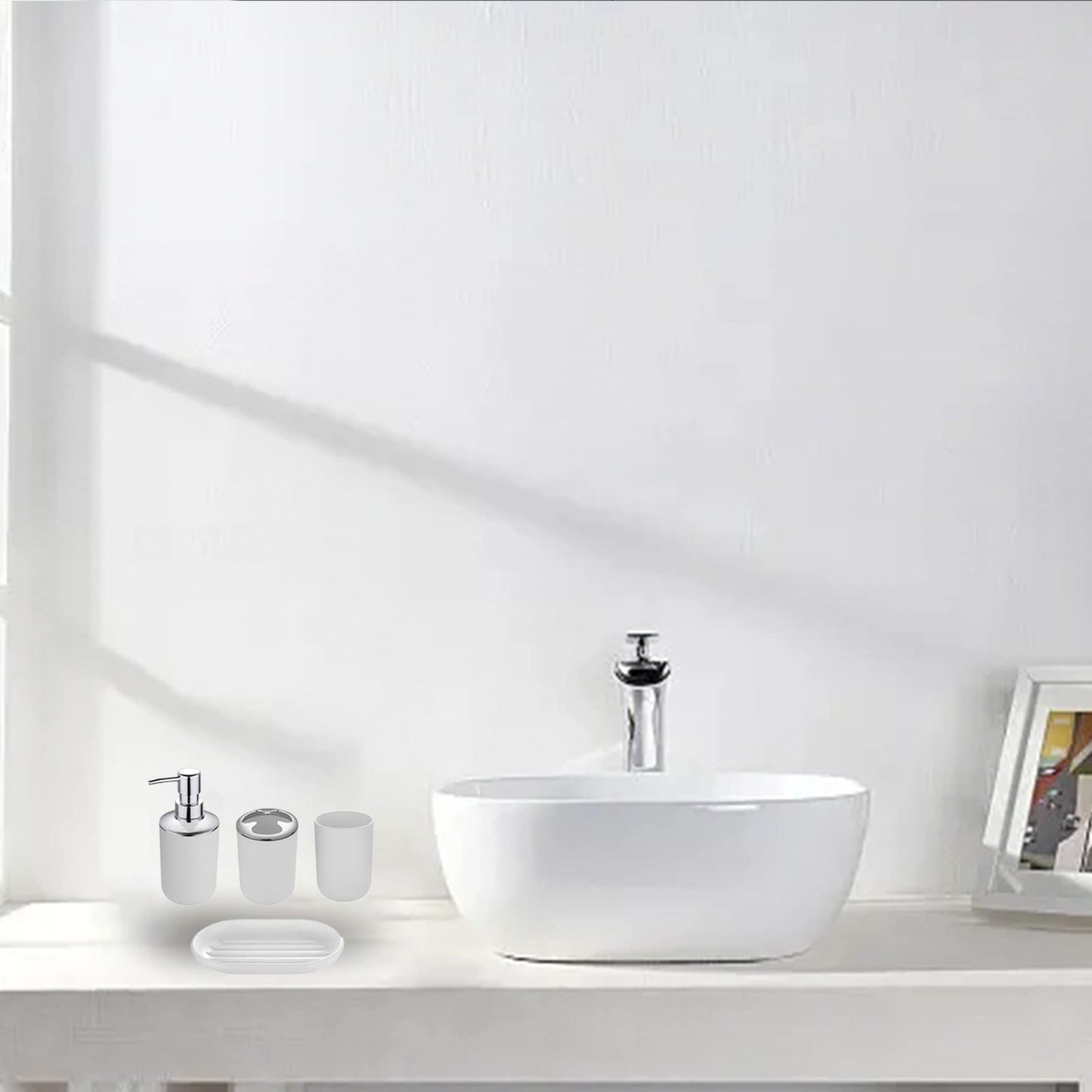 Hosoncovy 4 Pieces Bathroom Accessory Set with Soap Dispenser, Bathroom Cup, Soap Dish ，Toothbrush and Toothpaste Holder (White)