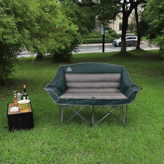 LANMOUNTAIN Fully Padded Folding Double Camping Chairs,Comfy Oversized Loveseat Lawn Chair w/Wine Glass Holder,Cup Holder,Heavy Duty Outdoor Portable Camp Couch Support 600 Lbs,Dark Green