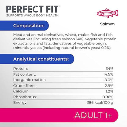 Perfect Fit Adult 1+ Complete Dry Cat Food for Adult Cats Aged 1+ Years, Rich in Salmon, 1 Bag (7 kg)