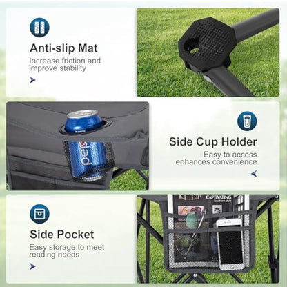 LET'S CAMP Camping Chairs 2 Pack, Set of 2 Folding Chair, Lightweight Picnic Chair with 3-Can Cooler Bag, Cup Holder,Storage Pocket, Supports 100kg (Grey)