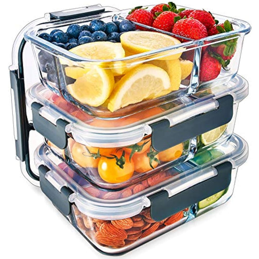 Igluu Meal Prep Glass Containers with Airtight SnapLock Lids 3 Pack 3 Compartment 980ml 33oz BPA-Free Meal Prep Containers Reusable – Borosilicate Glass, Oven Safe