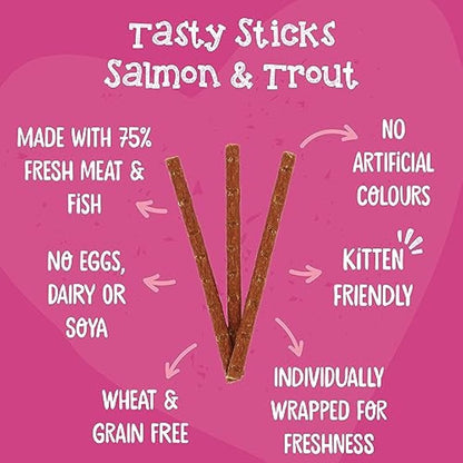 Webbox Tasty Sticks Cat Treats, Salmon and Trout - Kitten Friendly, Wheat and Grain Free, No Artificial Colours (25 x 6 Packs)