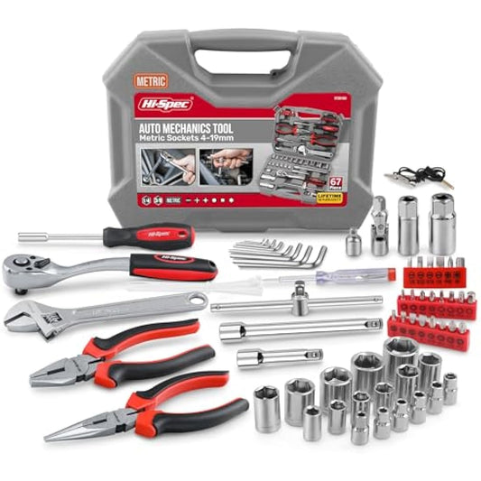 Hi-Spec 67pc Car Repair & Motor Mechanics Vehicle Tool Kit Set for Home Garage and Roadside DIY. Auto Tools in a Compact Toolbox Case of Pliers, Ratchet Wrench and Sockets