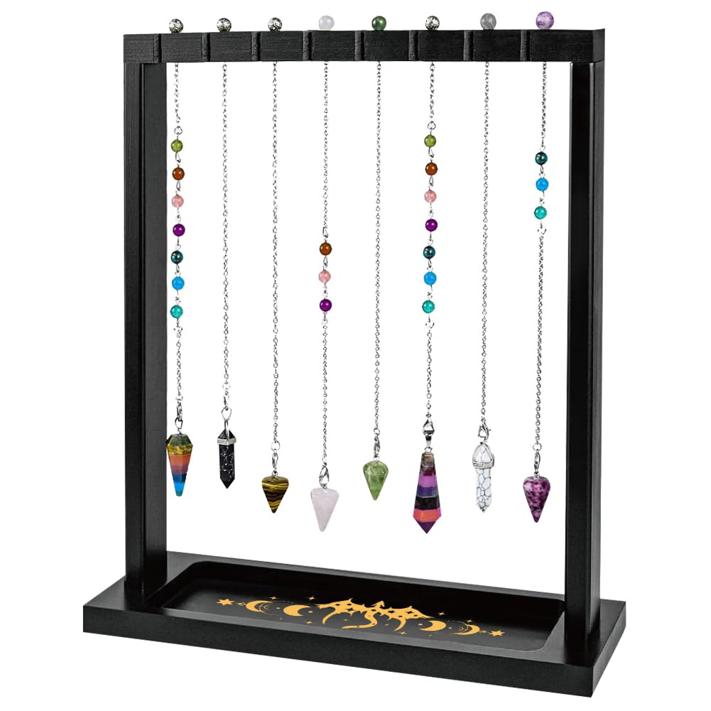 BEUNITONE Wooden Pendulum Crystal Display Holder, Witchcraft Supplies Organizer with Dragon Pattern Tray, Pendulum Board Stand for Witchy Accessories