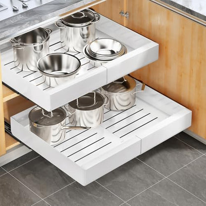 Kitstorack Pull Out Cabinet Organizer, Extendable Slide Out Drawer Storage Shelves for Kitchen Cupboard with Adhesive Film, Roll-Out Sliding Drawer