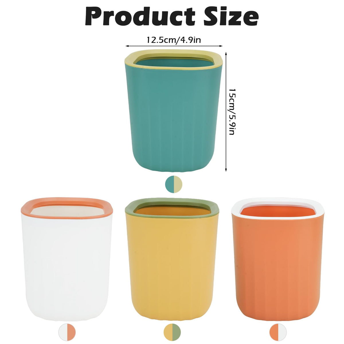 4PCS Mini Desktop Trash Bin, Colourful Wastebasket Bathroom Bins with 8 Rolls Bin Liners, Small Plastic Tea Bag Trash Can 12.5*12.5*15cm