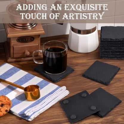 48 Pieces Slate Drink Coasters, GOH DODD 4 Inch Black Coasters Stone Coaster Set, Laser Engraving Blanks with Anti-Scratch Bottom for Home Office Kitchen Housewarming Gifts Wedding Party, Square