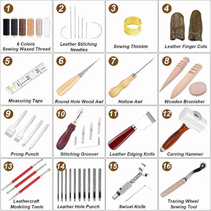 DIY Leather Craft Tools Kit Leather Kits Leather Craft Tools Set Leather Working Tools Incl Nylon Hammer Waxed Thread Stitching Groover Prong Punch Tools for Hand Leather Craft Making Sewing Stitching