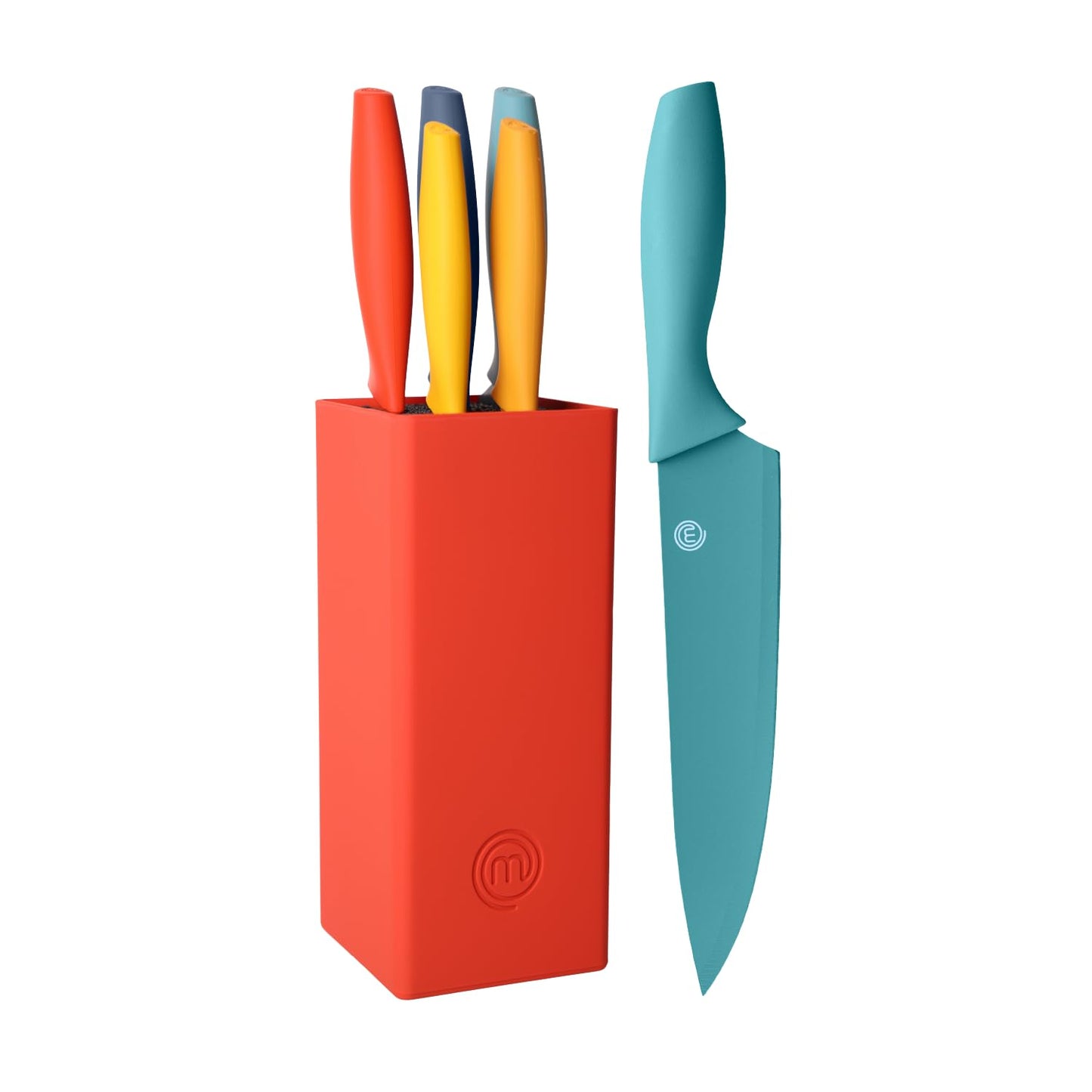 MasterChef Knife Set with Block, 5 Kitchen Knives with Sharp Stainless Steel Blades (Chef, Paring, Utility, Carving, Bread) Soft Touch Easy Grip