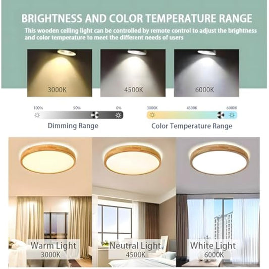 WayLuoung Wood LED Ceiling Light | Ø40cm 3000-6000K 30W | Round Top 360° Glow Natural Wooden Lamp, Bedroom Living Room Children's Room Kitchen Dining Room Home Office (Dimmable with Remote Control)