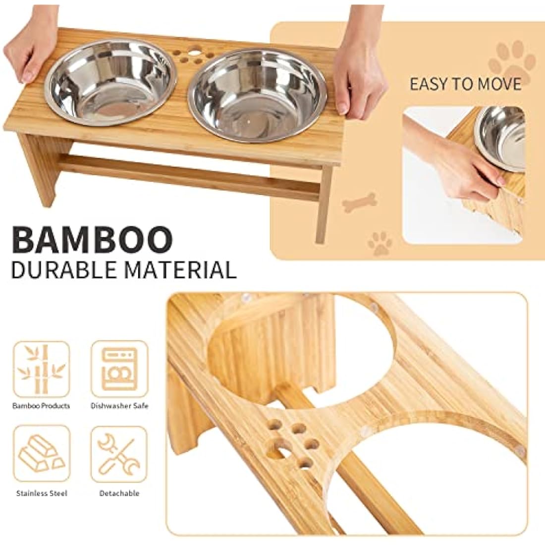 FOREYY Raised Dog Bowls for Cats and Dogs - Bamboo Elevated Dog Cat Food and Water Bowls Stands Feeder Dishes with 2 Stainless Steel Bowls and Anti Slip Feet (Large - 25.4 cm high)