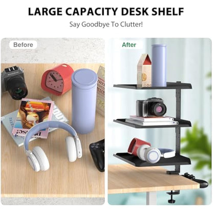 ROLIZOE Clamp On Desk Shelf Organiser with Adjustable Metal Tray & Headphone Stand 3 Tier Shelving Unit Above or Under Desk Storage No Drill Extender Shelves Anti-Slip Desktop Shelf for Home Office