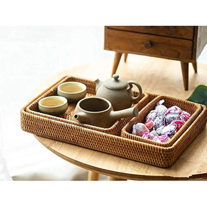 Set of 3, Rattan Serving Tray, Rectangular Wicker Tray, Natural Woven Decorative Serving Baskets for Organizing Tabletop Kitchen Counter