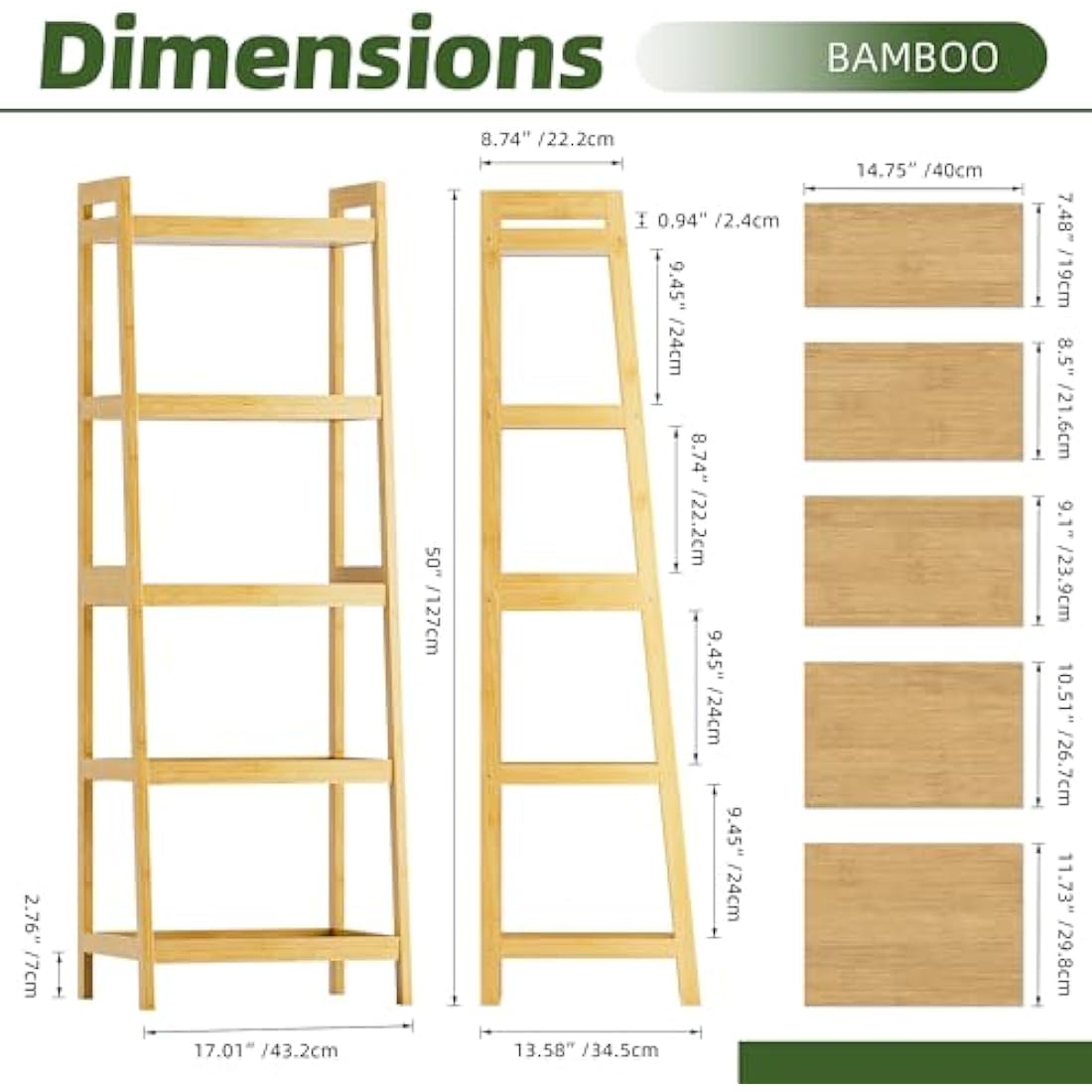 vovala Bookshelf, 5 Tier Ladder Bookcase with Bamboo Frame, Freestanding Tall Narrow Display Plant Shelf for Living Room, Kitchen, Bedroom, Balcony, Natural