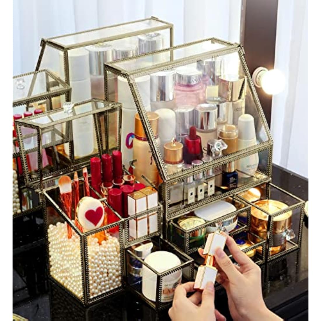 Hersoo Glass Antique Brass Stackable Drawer Set Makeup Organizer for Vanity Antique Countertop Vanity Cosmetic Storage Box Mirror Glass Beauty Display
