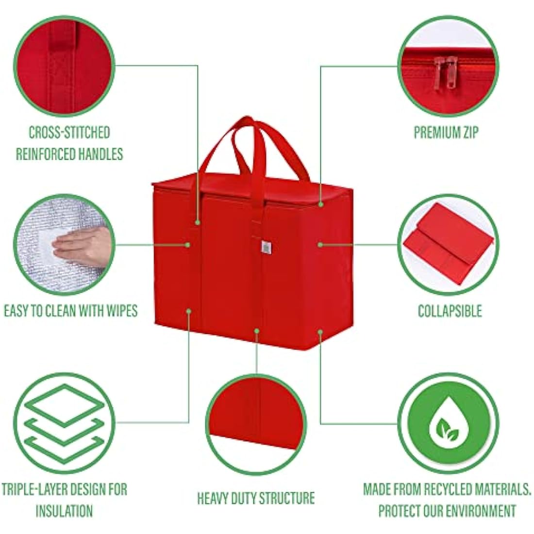 VENO 2 Pack Cooler Bag and Insulated Grocery Bags for Food Delivery, Collapsible Cooler, Reusable Shopping Bags for Groceries with Zipper, Foldable, Heavy-Duty, Stands Upright (Red, 3 Pack)