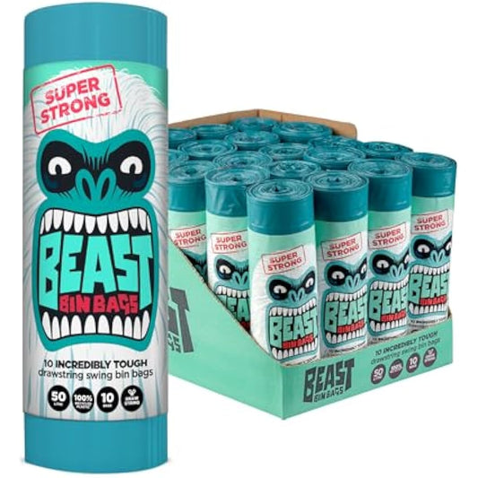 BEAST BIN BAGS, Mega Pack, 20 Rolls of 10 x 50 Litre Bags (Total 200 Bags) - Made From 100% Recycled LLDPE - Incredibly Strong Drawstring Swing Blue Bin Bags