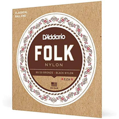 D'Addario Folk Nylon Classical Guitar Ball End String Set, Nylon, EJ34 Black Trebles 80/20 Bronze Basses