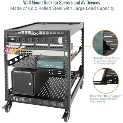 Tecmojo 12U Open Frame Network Rack, 19" Compatible, Floor Standing and Wall Mountable, with 2x 1U Server Shelf & Mounting Hardware, AV & IT Equipment Rack for for Office/Home