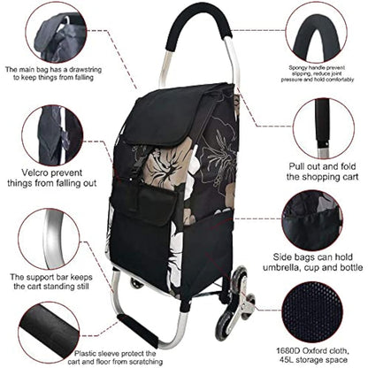 Folding Shopping Trolley 6 Wheels Stair Climber Cart with Removable Bag and Adjustable Elastic Cord 2 Extra Pockets Utility Trolley maximum capacity 50kg 45L Flower